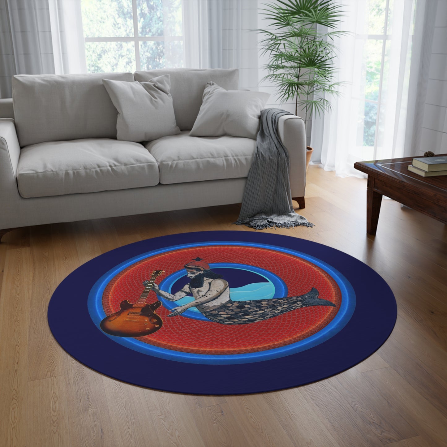 Round Room - 5 ft x 5 ft Lumpy Donut Rug - "Doggone Dagon Donut Rug" - rustic red/blue donut w/navy background - variant 2