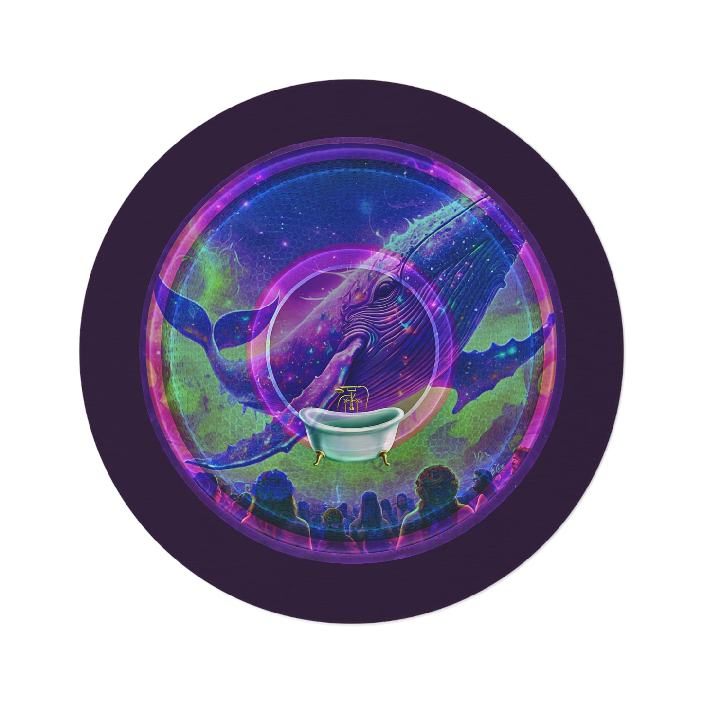 Round Room - 5 ft x 5 ft Lumpy Donut Rug - "Whale of a Big Donut Rug" - vivid purple/green pic donut w/midnight purple background - variant 2