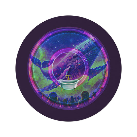 Round Room - 5 ft x 5 ft Lumpy Donut Rug - "Whale of a Big Donut Rug" - vivid purple/green pic donut w/midnight purple background - variant 2