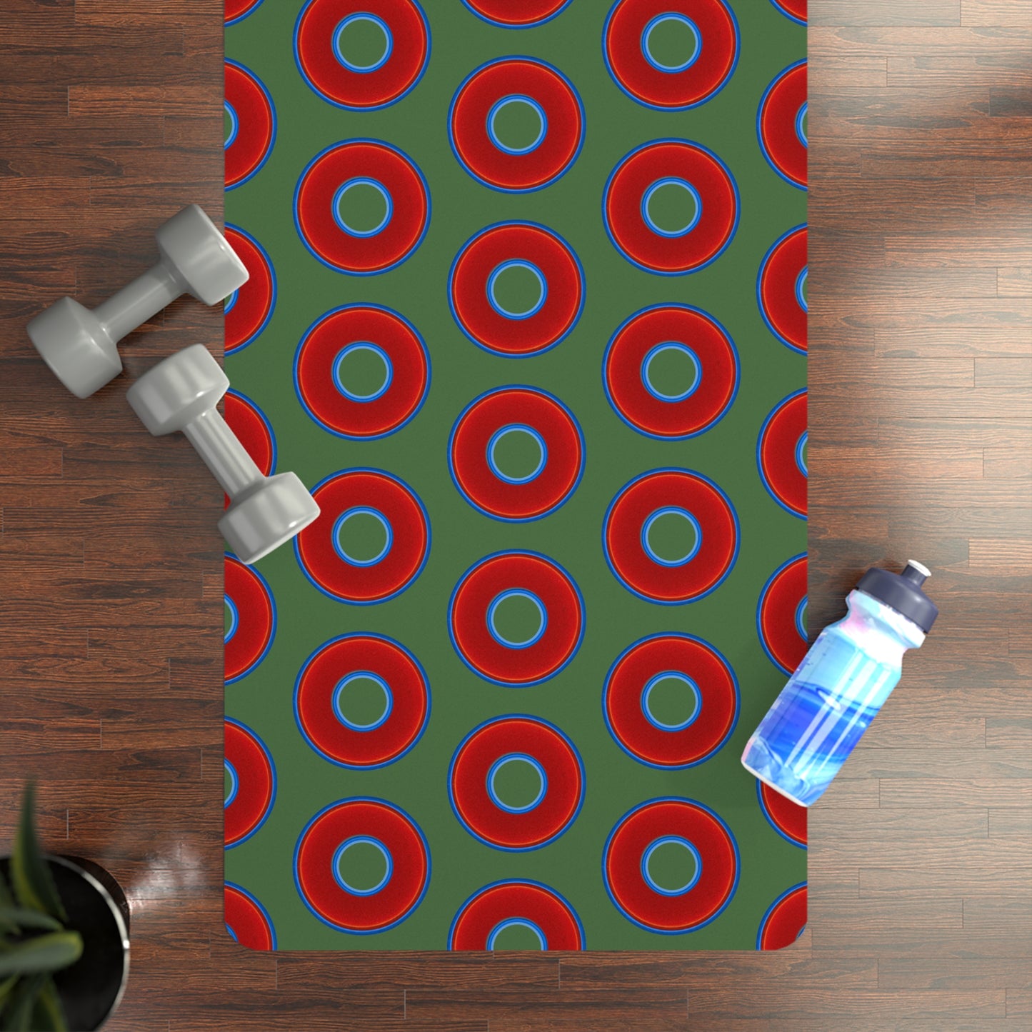 Lumpy Donut Yoga Mat :) - 24″ x 70" - vivid red donut print w/dark Fenway green background