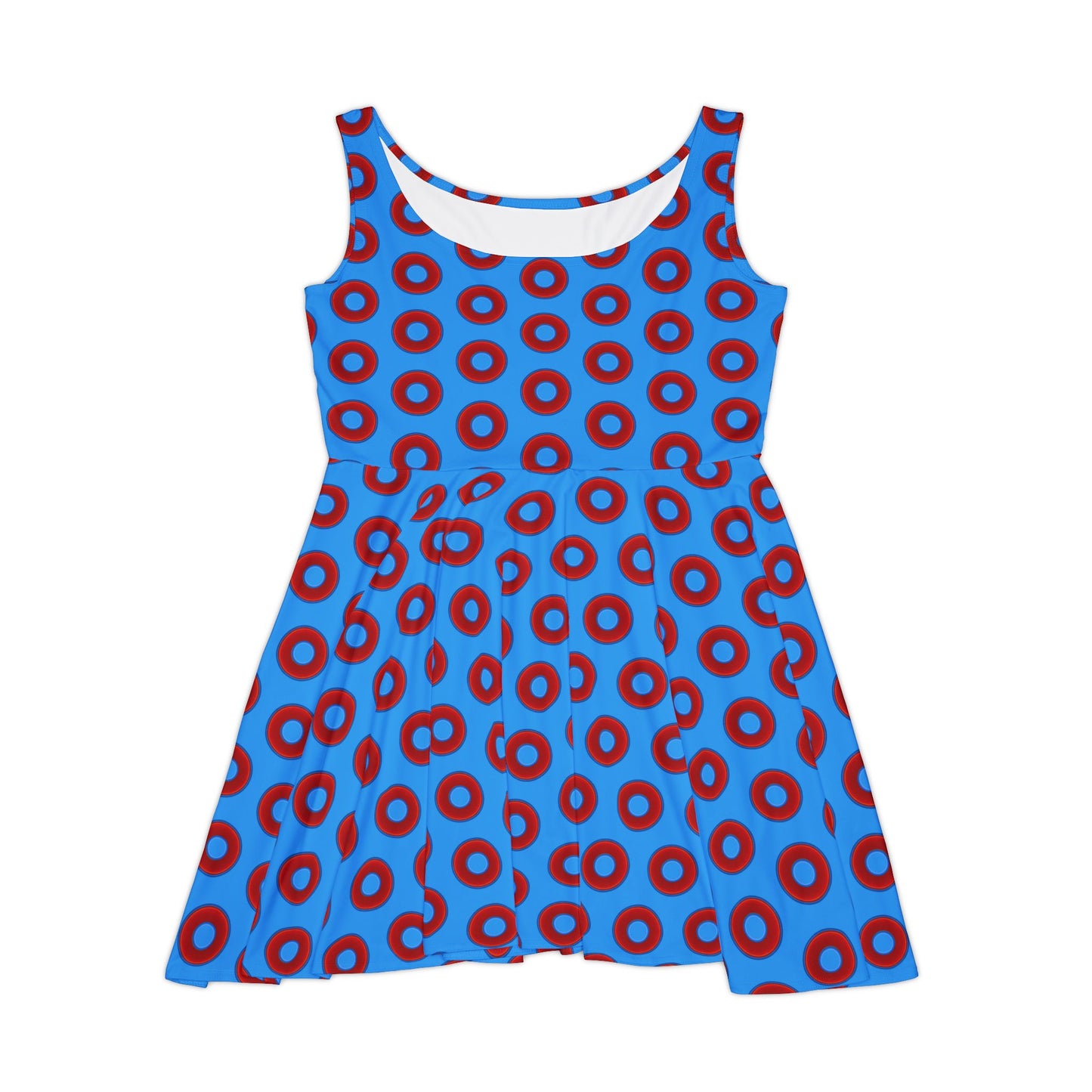 Women's Skater Donut Dress - vivid red donut print w/sky royal blue background