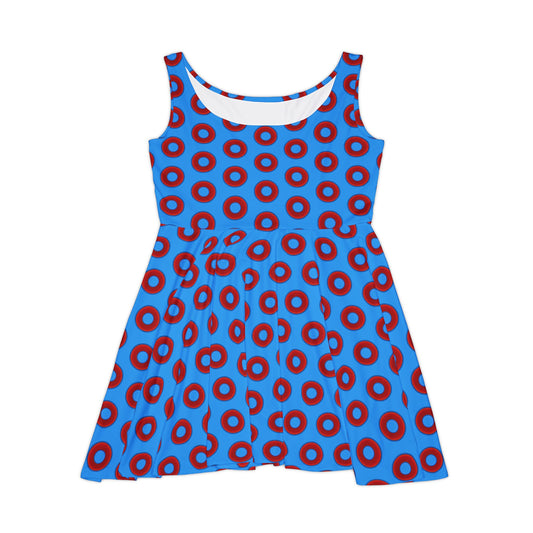 Women's Skater Donut Dress - vivid red donut print w/sky royal blue background