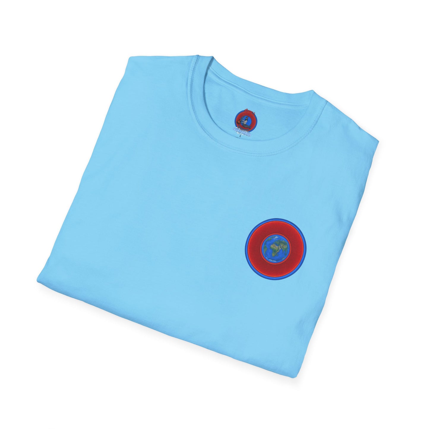 Classic Donut Tee - Unisex Soft-Style - "Soul Donut - We Keep on Rollin' Dough" - vivid red planetary donut - variant 1 [*charitable print - 50% of profit to The Nature Conservatory]