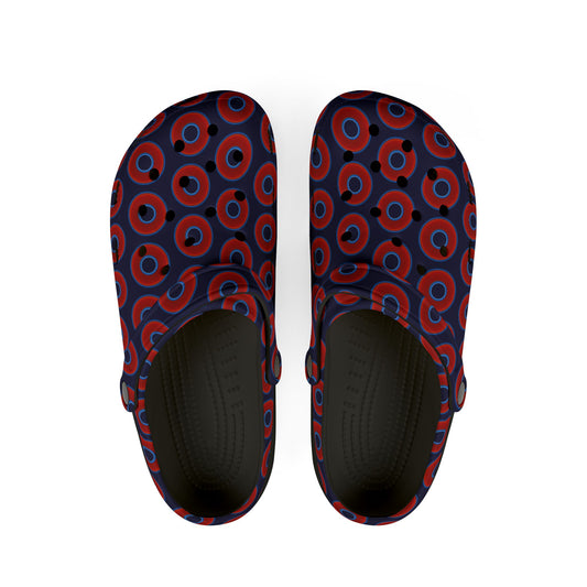 Spatchcocks - donut slip-on shoes - vivid red donuts w/midnight blue background [unisex]