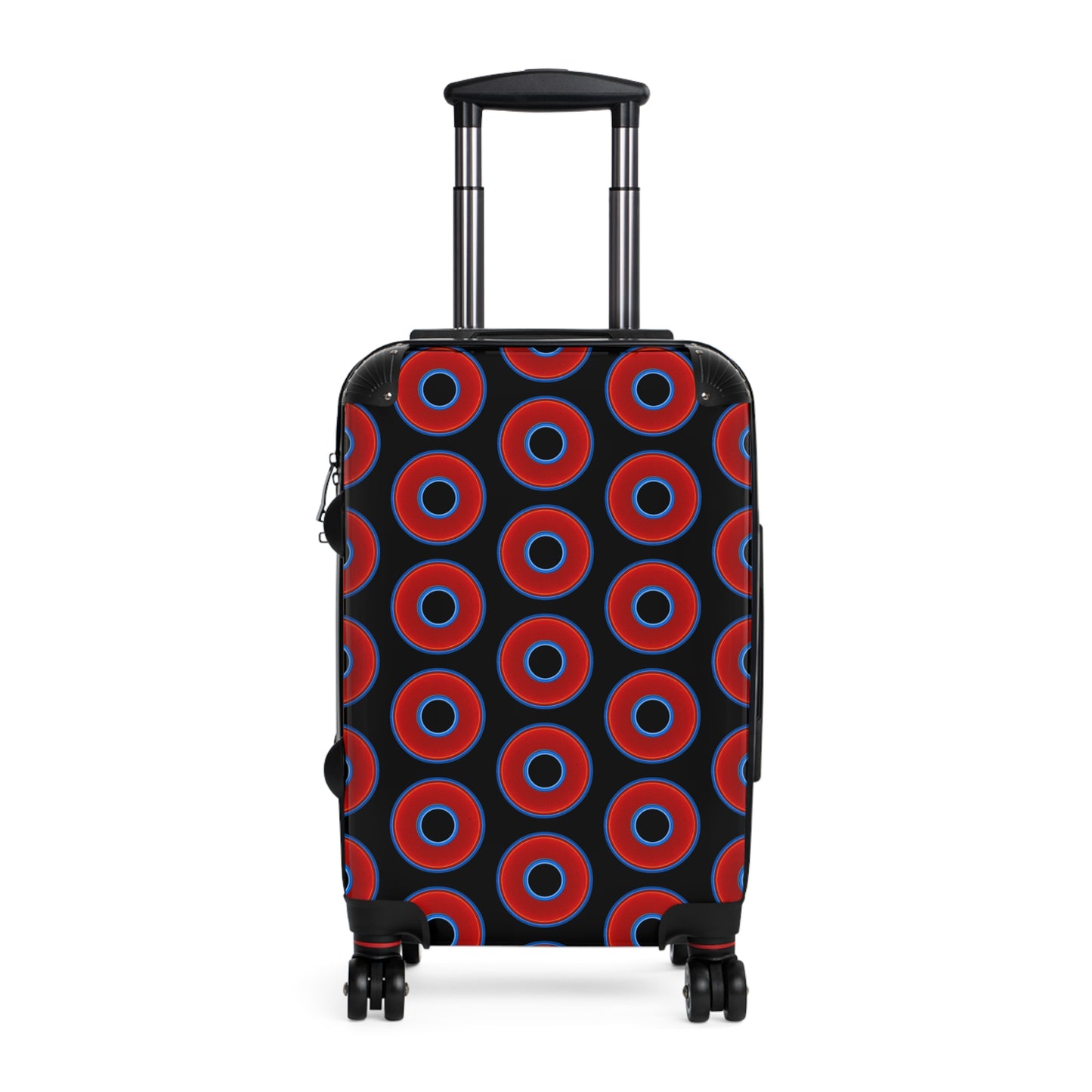 The Very Lumpy Donut Suitcase series - your choice of S, M or L - vivid red donut print w/black background