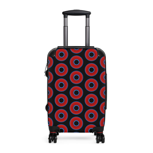 The Very Lumpy Donut Suitcase series - your choice of S, M or L - vivid red donut print w/black background