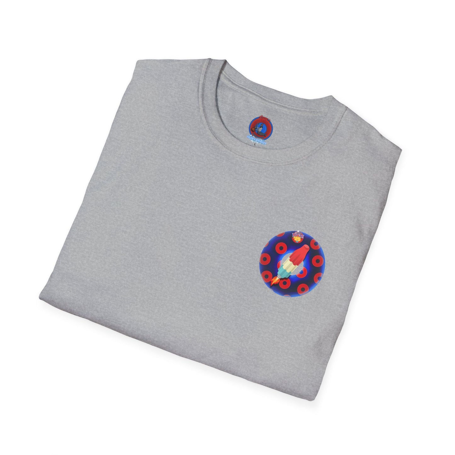 Classic Donut Tee - Unisex Soft-Style - "Blow this Popsicle Stand" - blue/red paradox bomb pop donut - variant 3