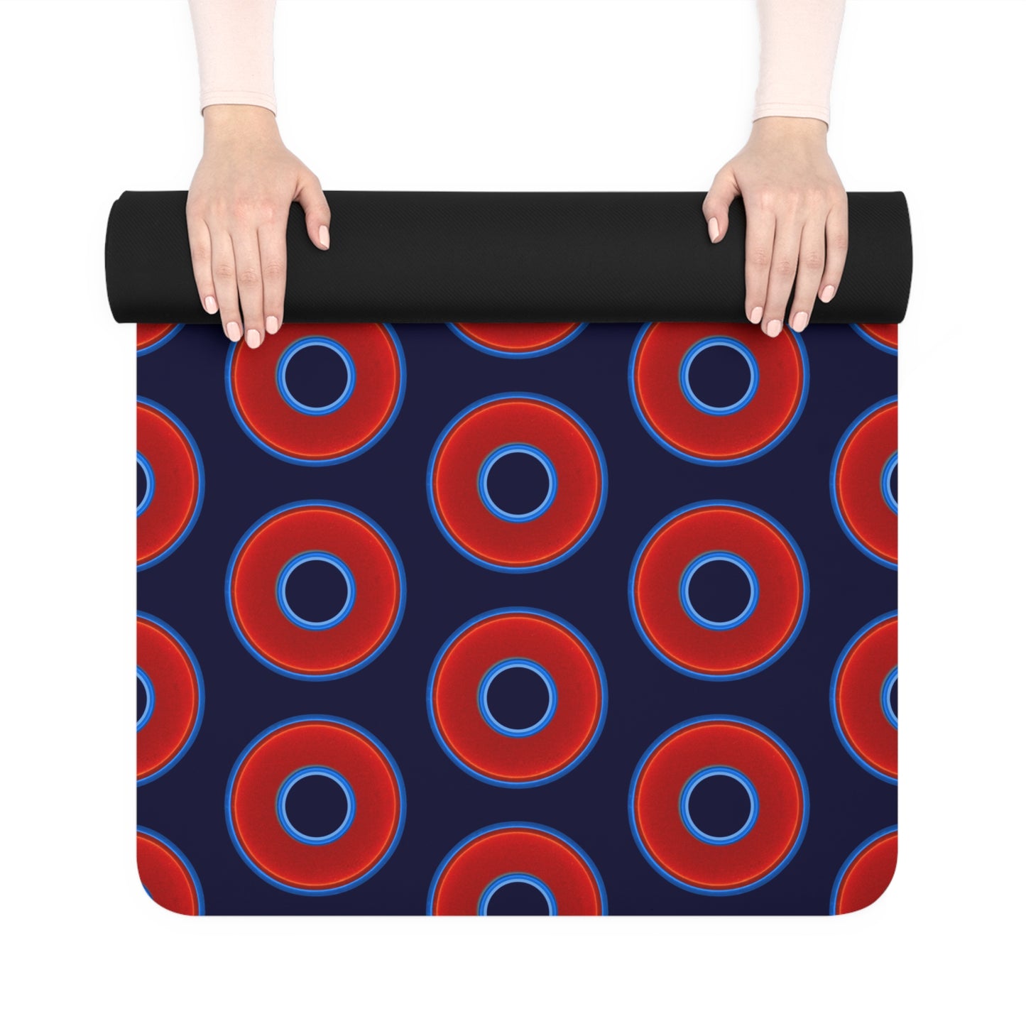 Lumpy Donut Yoga Mat :) - 24″ x 70" - vivid red donut print w/midnight blue background