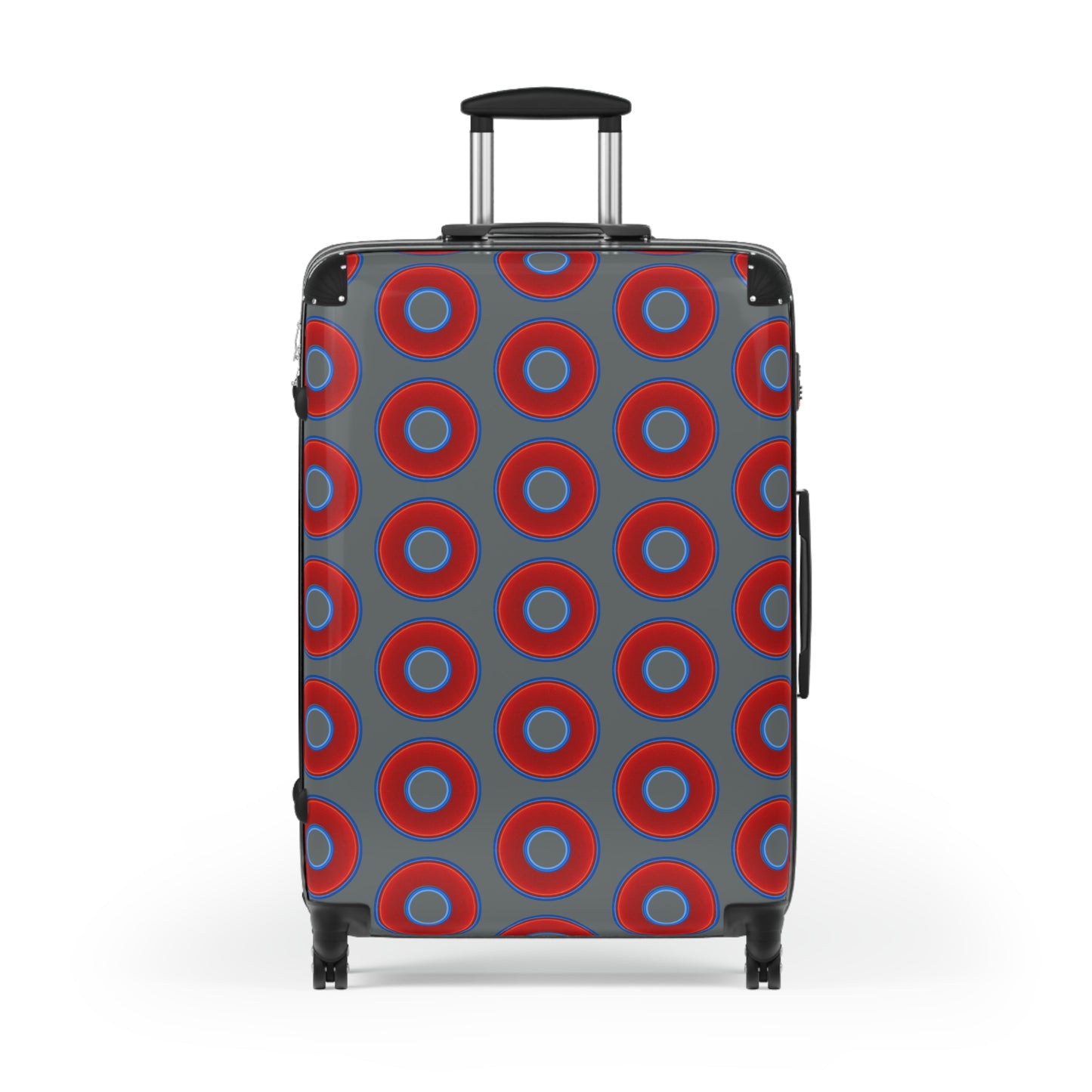 The Very Lumpy Donut Suitcase series - your choice of S, M or L - vivid red donut print w/dark gray background