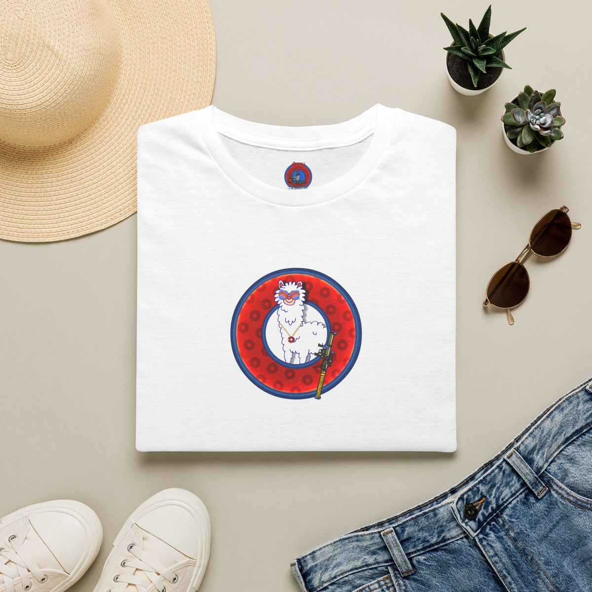 Classic Donut Tee - Unisex Soft-Style - "Medium Paced Llama Donut" - red/blue widemouthed paradox donut