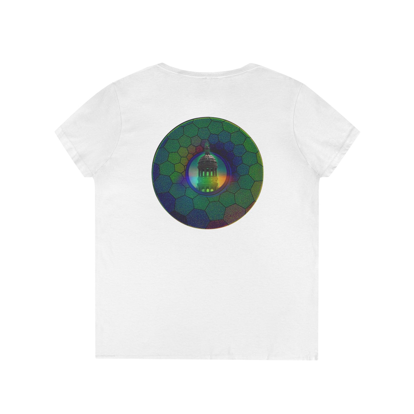 Women's Donut V-Neck Tee - "Save the Mondegreen City Hall Clock Tower" - variant 1 - green hexadonut w/