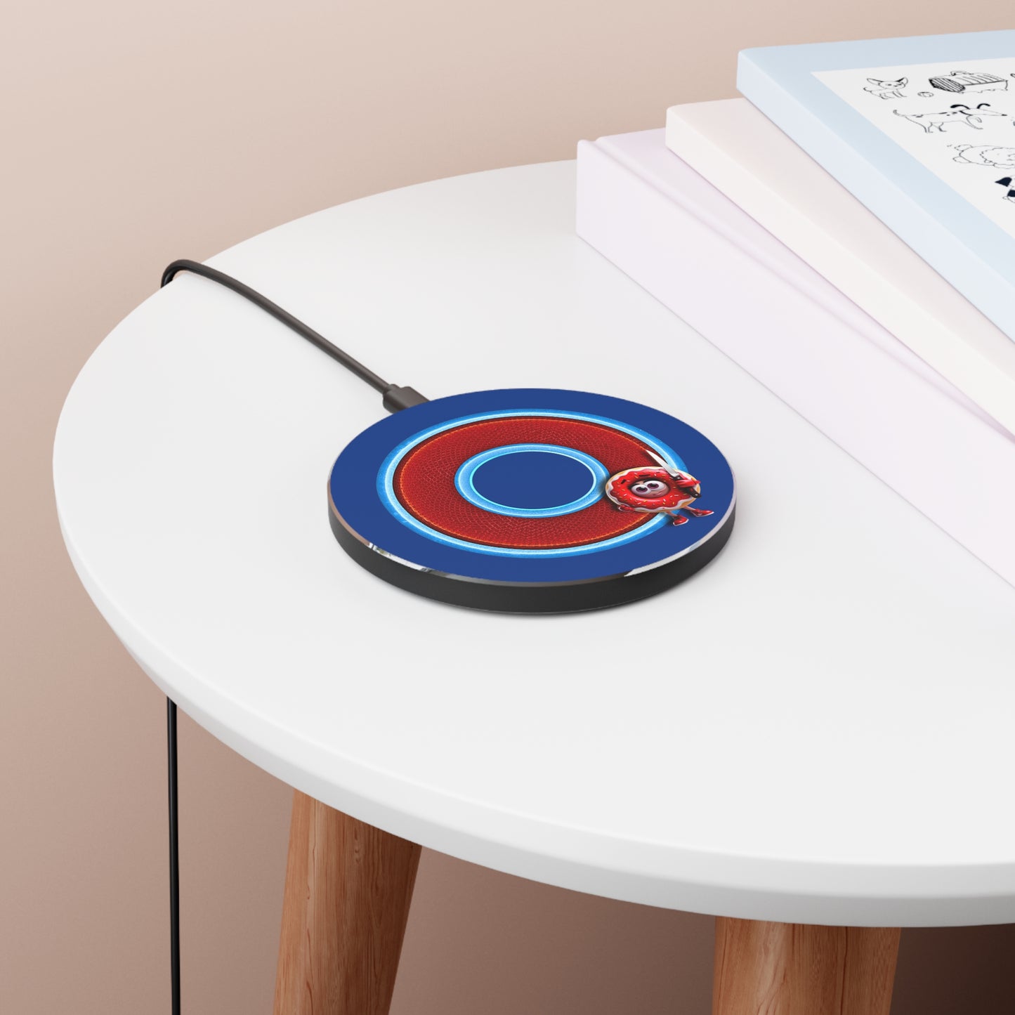 The Flow - Wireless Lumpy Donut Chargers - "My Phreind the Wireless Donut Charger" - rustic red/light blue donut w/dark blue background - variant 1