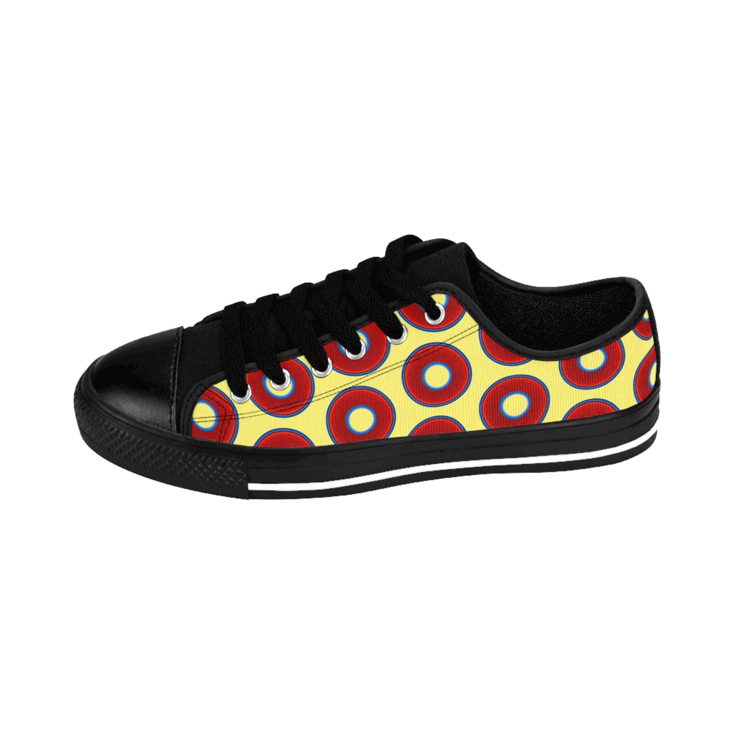 Women's Cushiony Convectors - Low Top - large red vivid donut print w/yellow background