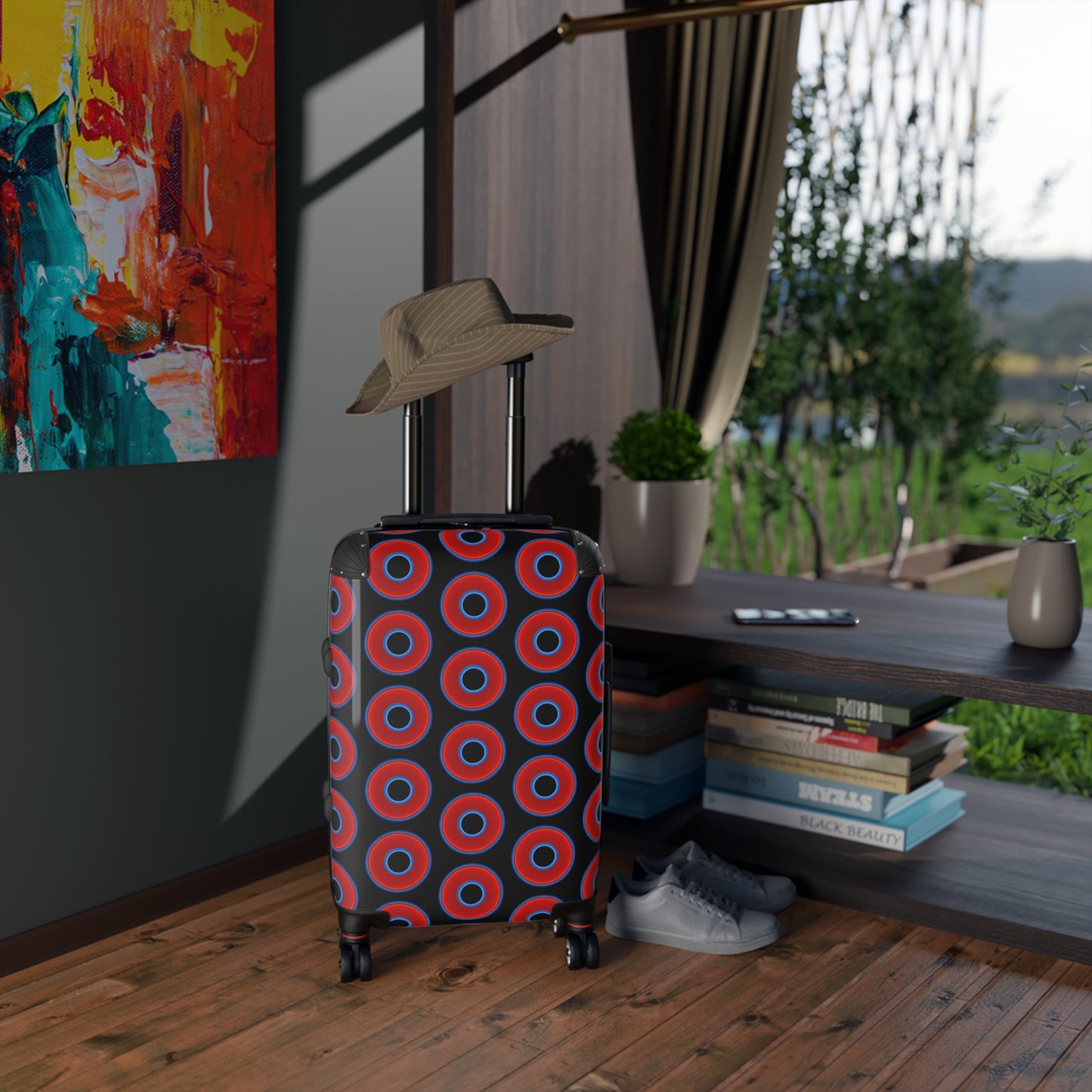 The Very Lumpy Donut Suitcase series - your choice of S, M or L - vivid red donut print w/black background