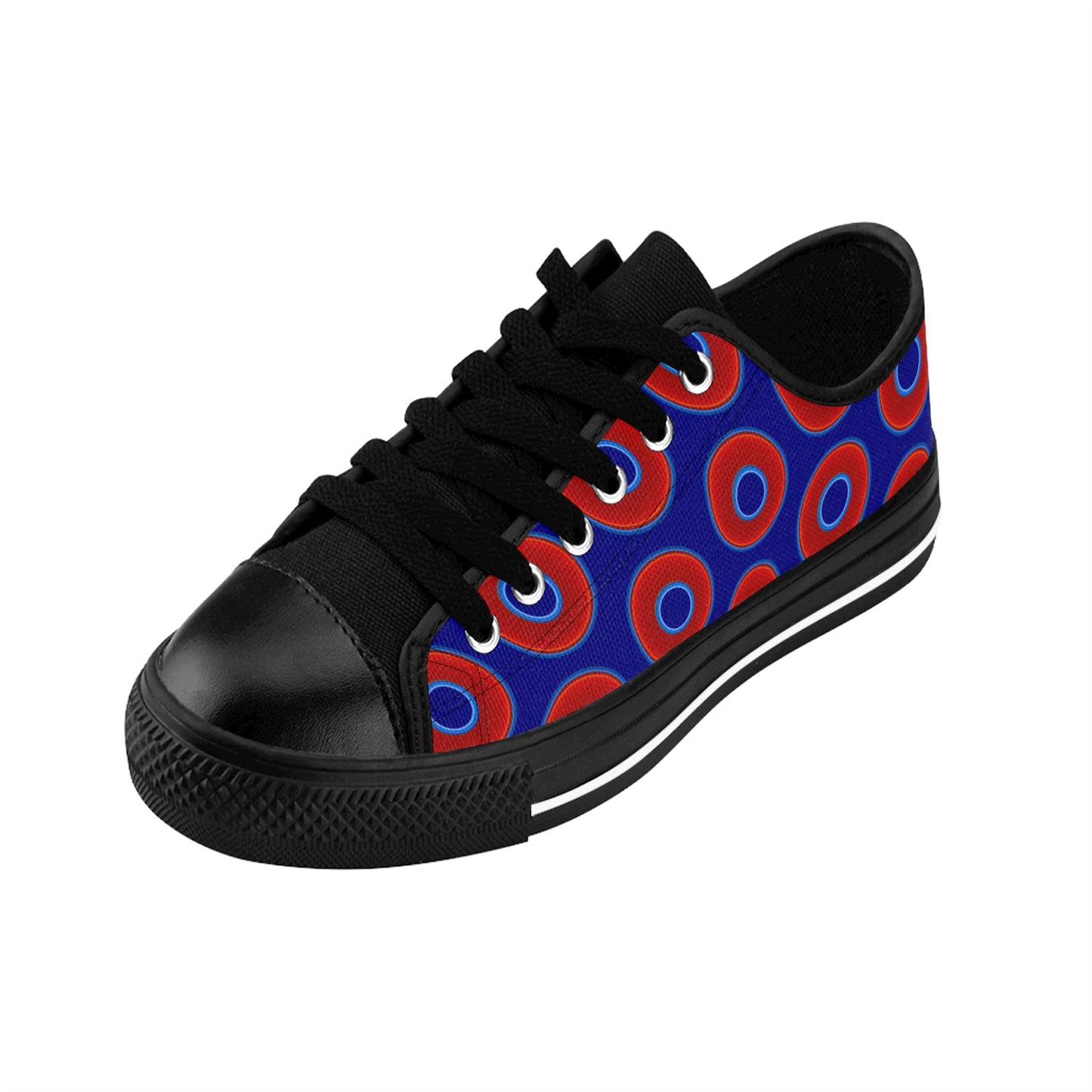 Women's Cushiony Convectors - Low Top - large red vivid donut print w/vivid navy blue background