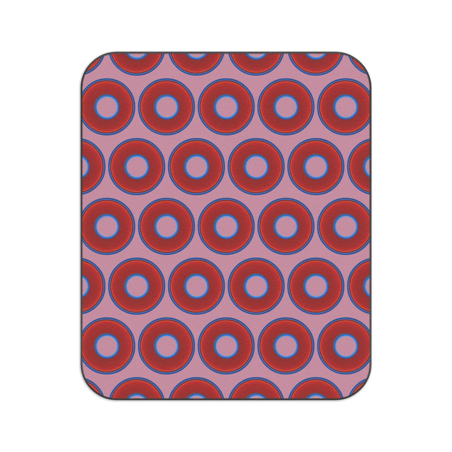 The Lumpy Party Blanket - giant water-resistant outdoor blanket [61" x 51"] - vivid red donuts w/pale magenta background