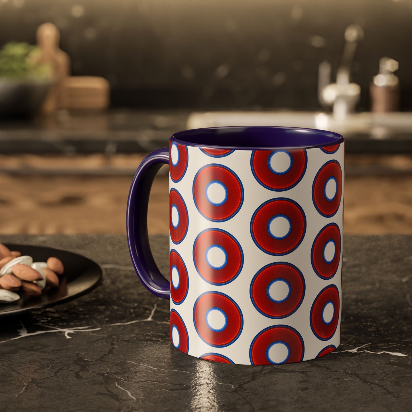 Lump's Grumpy Coffee Mug - vivid red donuts w/white background