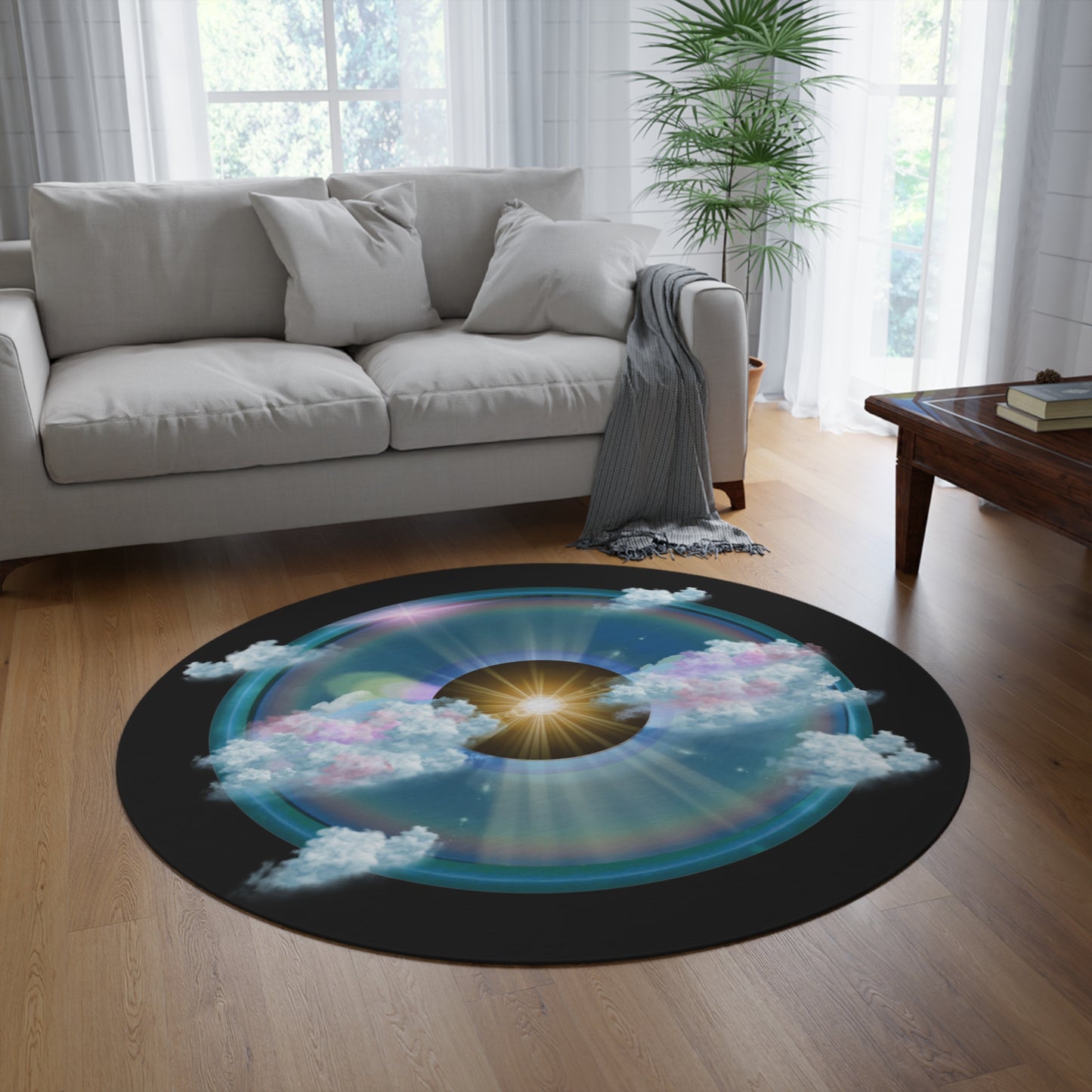 Round Room - 5 ft x 5 ft Lumpy Donut Rug - "The Divided Donut Rug" - vivid sky donut w/black background - variant 2 - [*Charitable Donut]