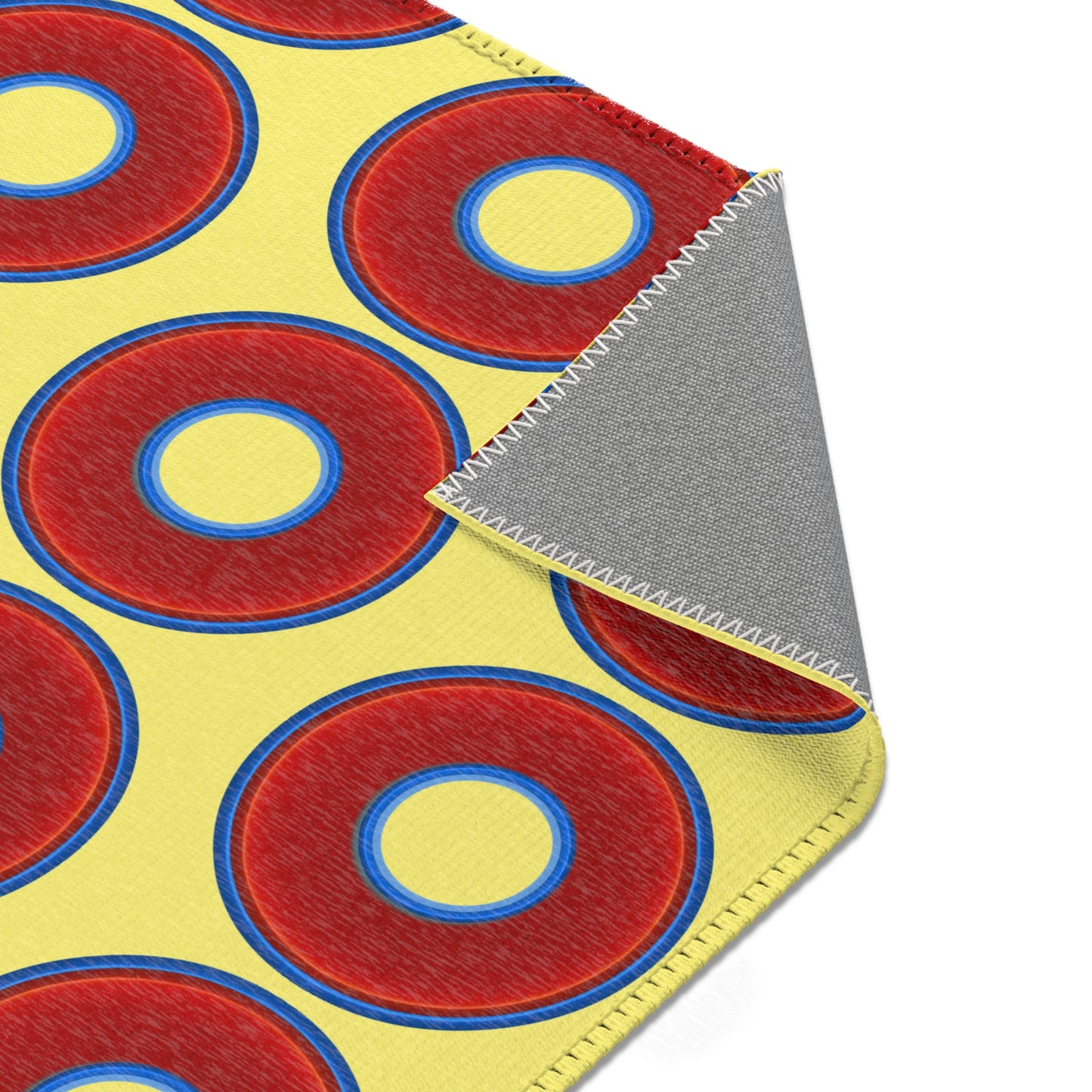 Lumpy Donut Print Rug - choice of 3 sizes - vivid red donut print w/yellow background