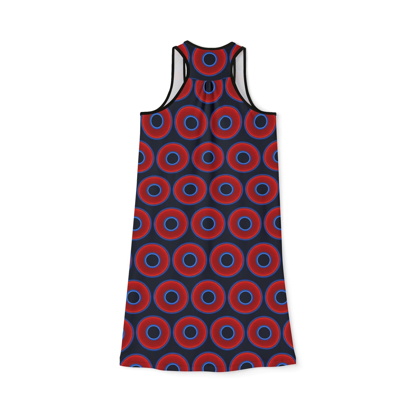 Tela's Lumpy Racerback Donut Dress - red vivid donut print w/dark teal blue elite background