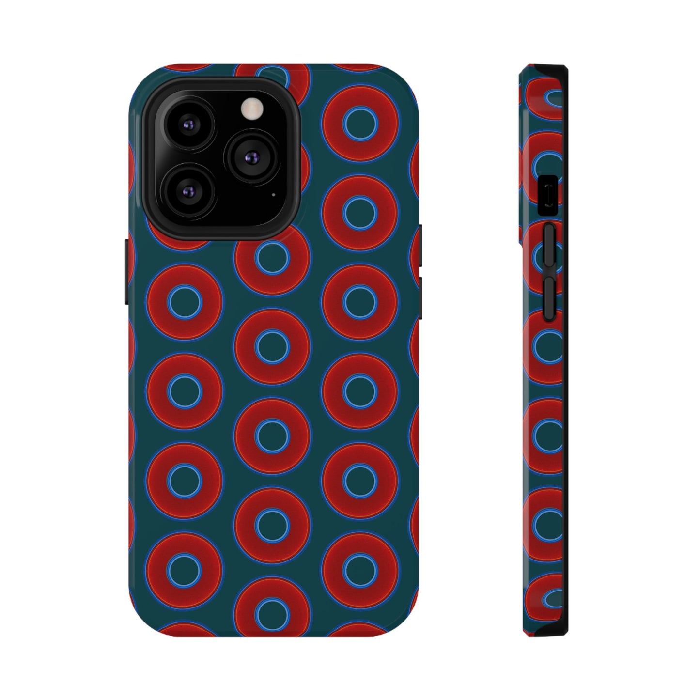 Impact-Resistant Lumpy Donut Case - red vivid donut print w/midnight green background