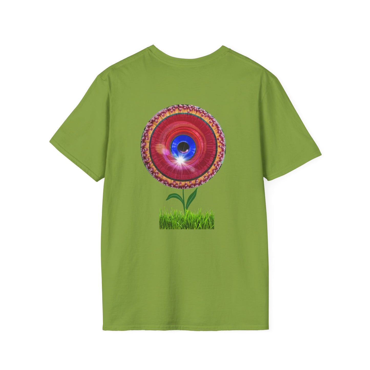Classic Donut Tee - Unisex Soft-Style - "Smell the Donuts Outside on my Lawn"  " variant 1 - blue donut on red donut/flower
