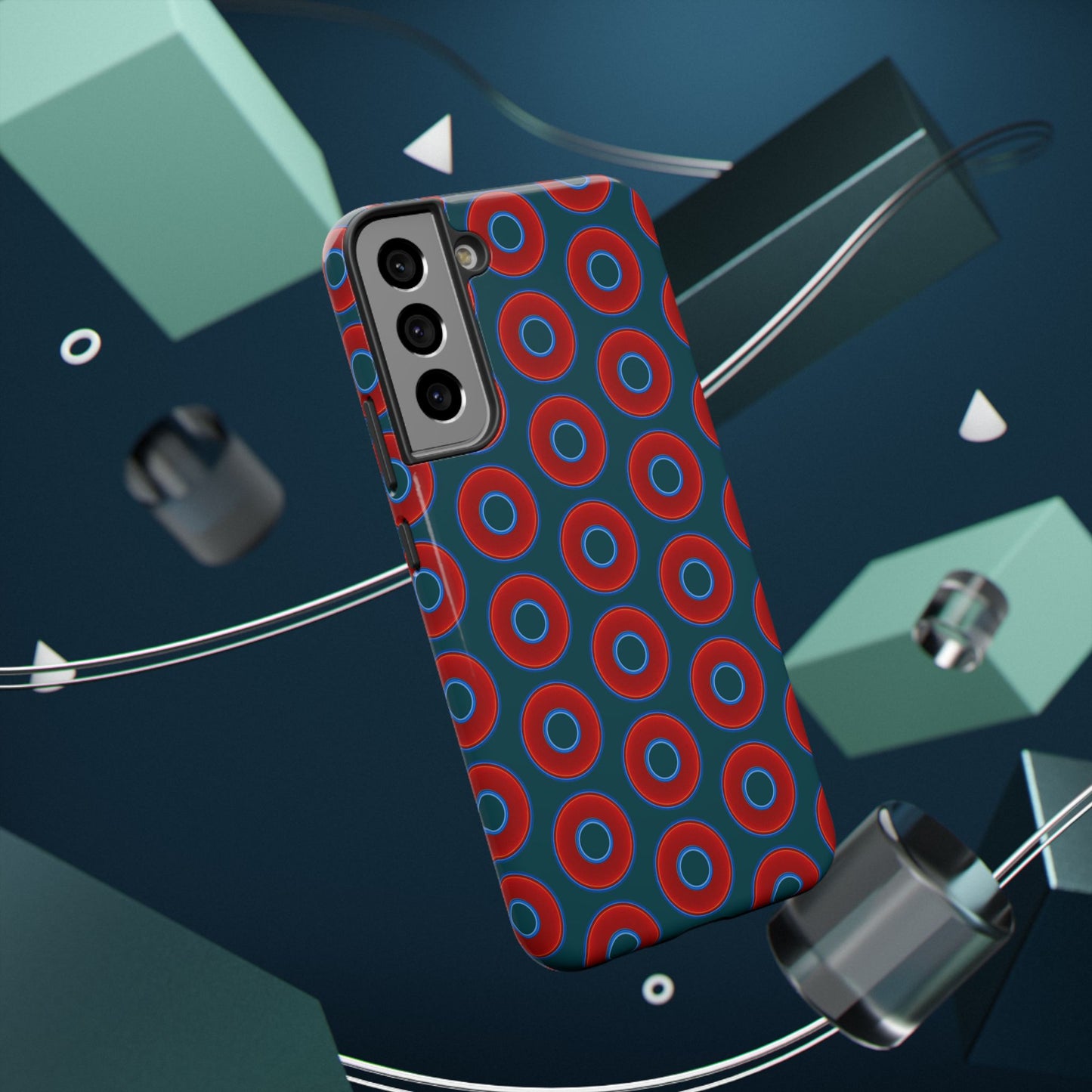 Impact-Resistant Lumpy Donut Case - red vivid donut print w/midnight green background