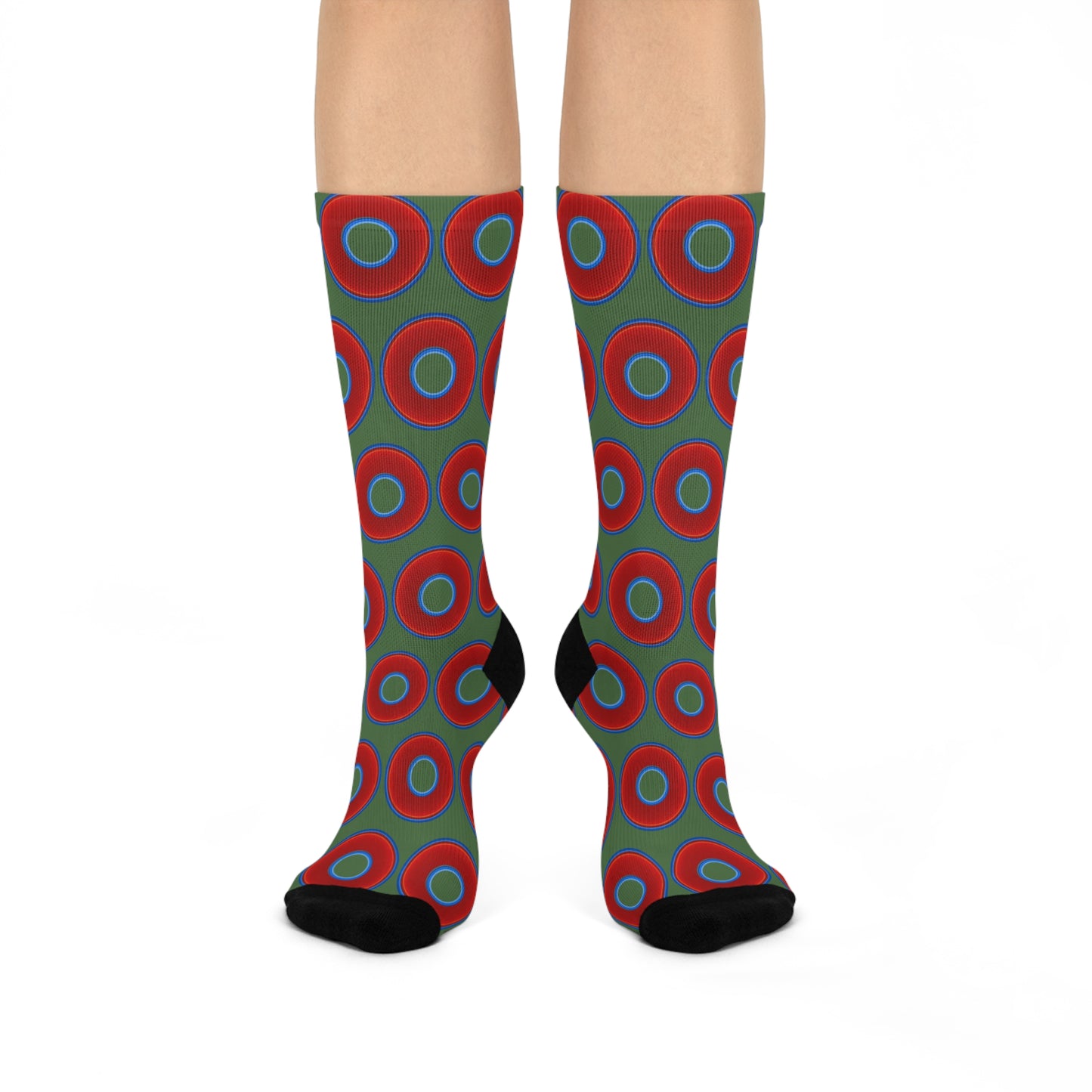 Lumpy Sox - cushioned crew - vivid red donut print w/dark green background