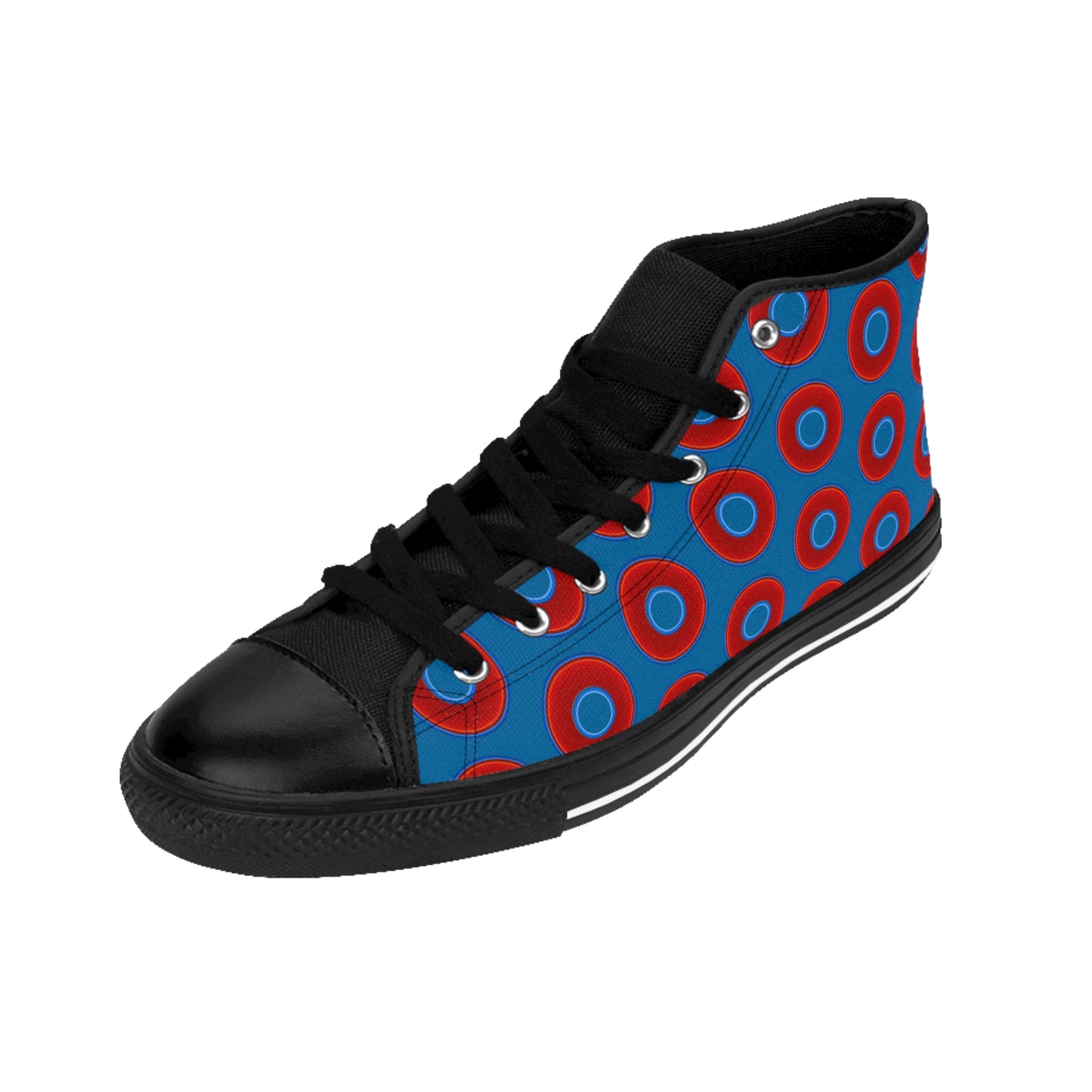Cushiony Convectors - High Tops - red vivid donuts w/wavy navy background