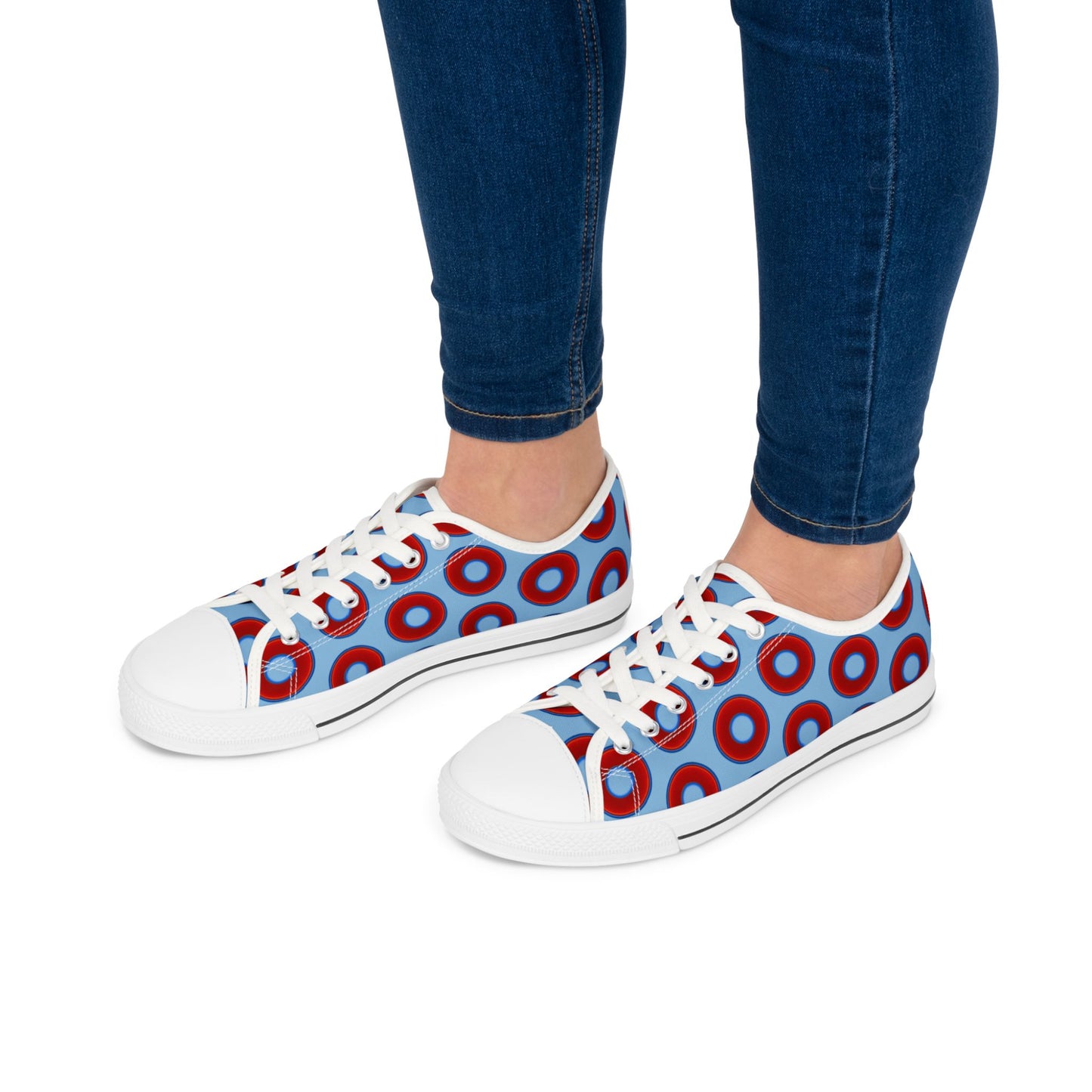 Women's - Low Top Chuck Taylors - large vivid red donut print w/sky blue background