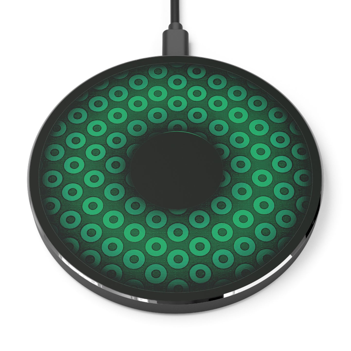 The Flow - Wireless Lumpy Donut Chargers - paradoxical green/light green donut w/midnight moss green background