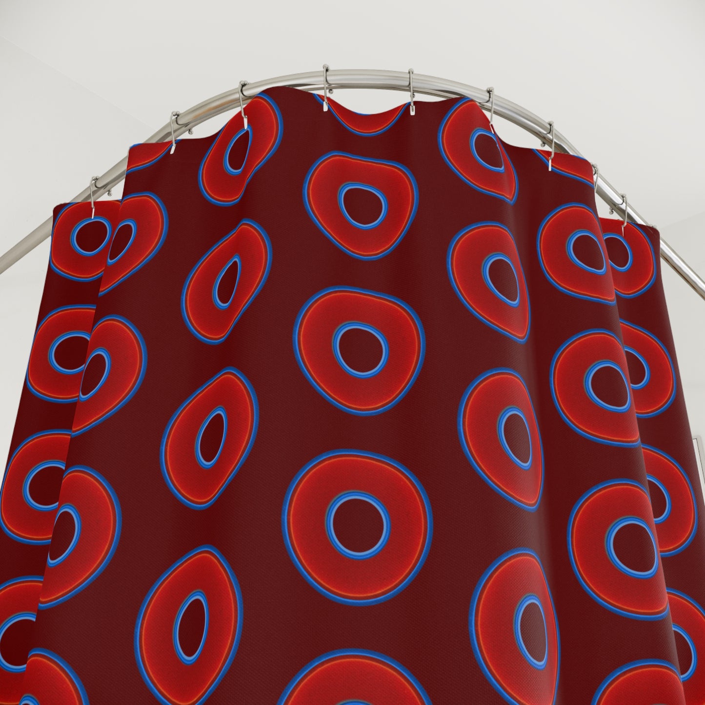 The Curtain With "Donuts" - Lumpy Bath Time Fun - vivid red donuts w/dark red background