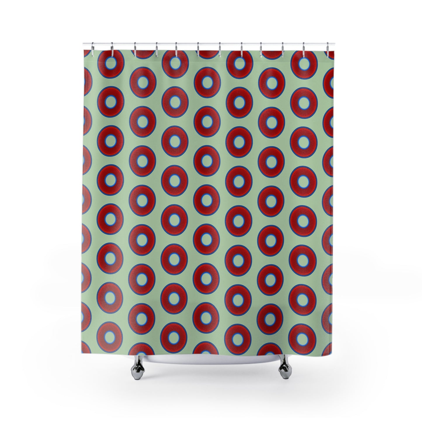 The Curtain With "Donuts" - Lumpy Bath Time Fun - vivid red donuts w/seafoam background