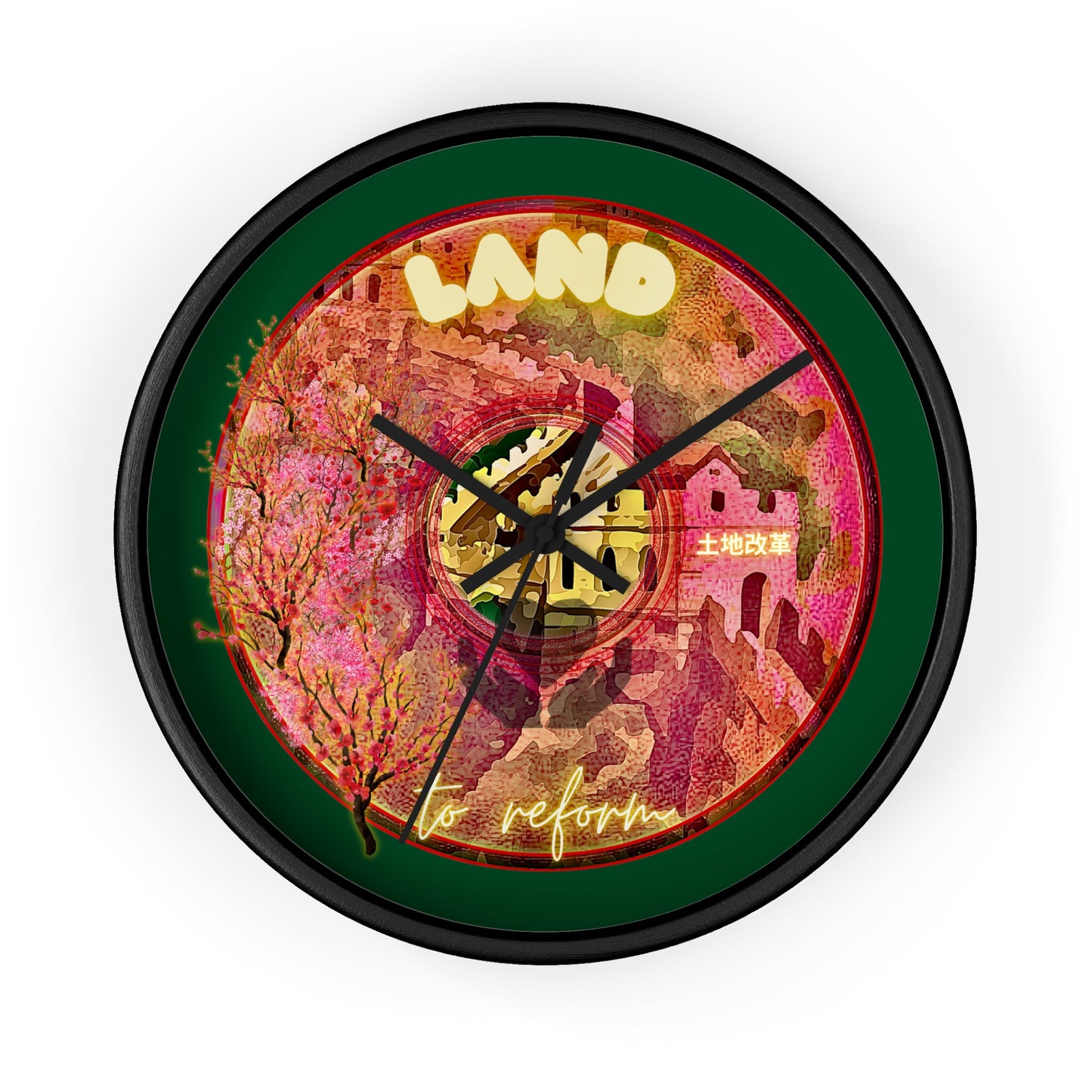 Lumpy Wall Clock - "The Reforming Donut" - magenta/green pic donut w/deep pond green background