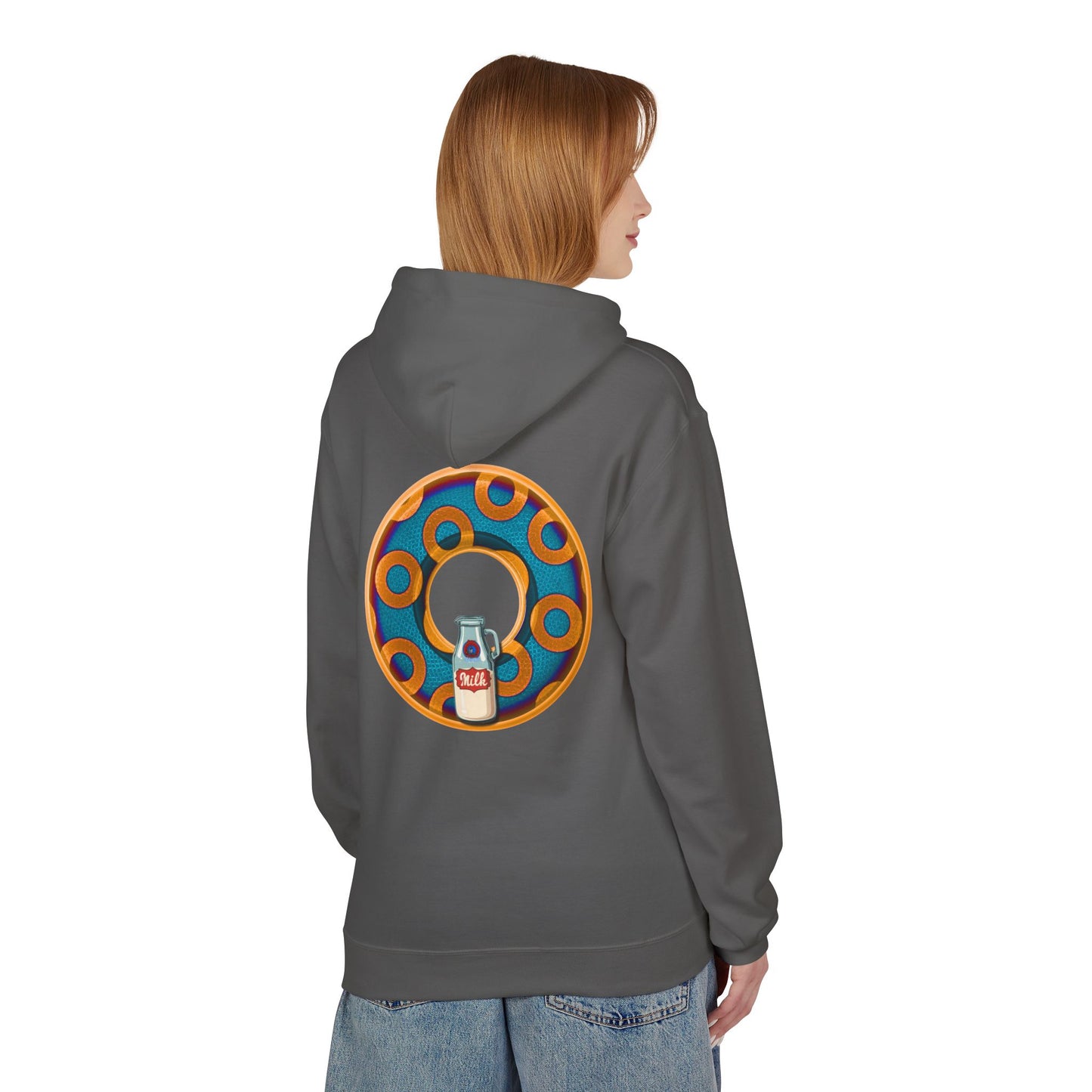 Fleece Harry Hoodies [Midweight Soft-style] - "Wooked Cream Dairy - YEMSG Donut" - blue/orange rustic paradox donut - variant 4