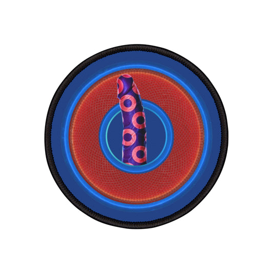 Iron-On Donut Patch - "Sir Richard's Phamous Donut Patch" - rustic red/blue donut - variant 1