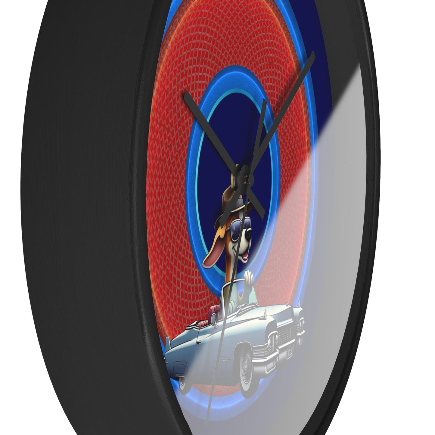 Lumpy Wall Clock - "Jimmy's Marathon Donuts" - variant 1 - rustic red donut w/dark blue background