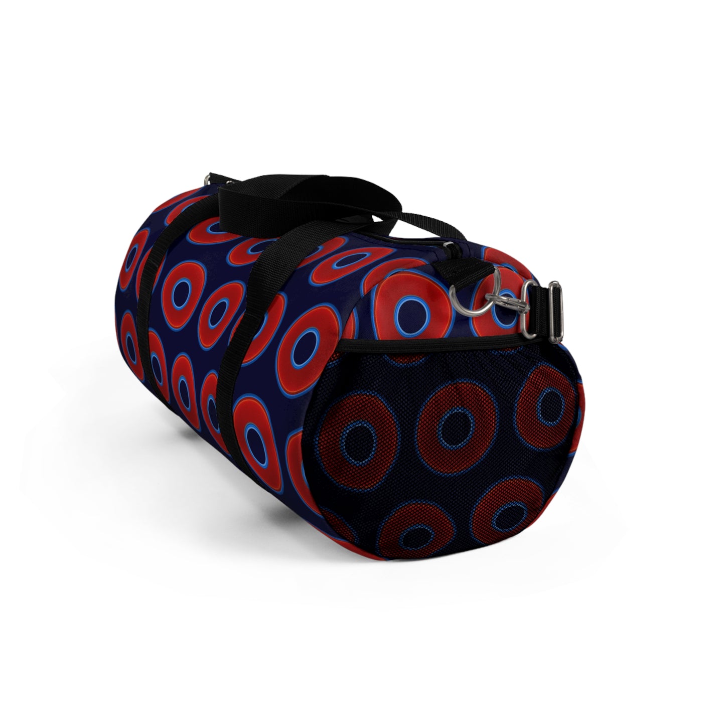Lumpy Duffel - vivid red donuts w/midnight blue background