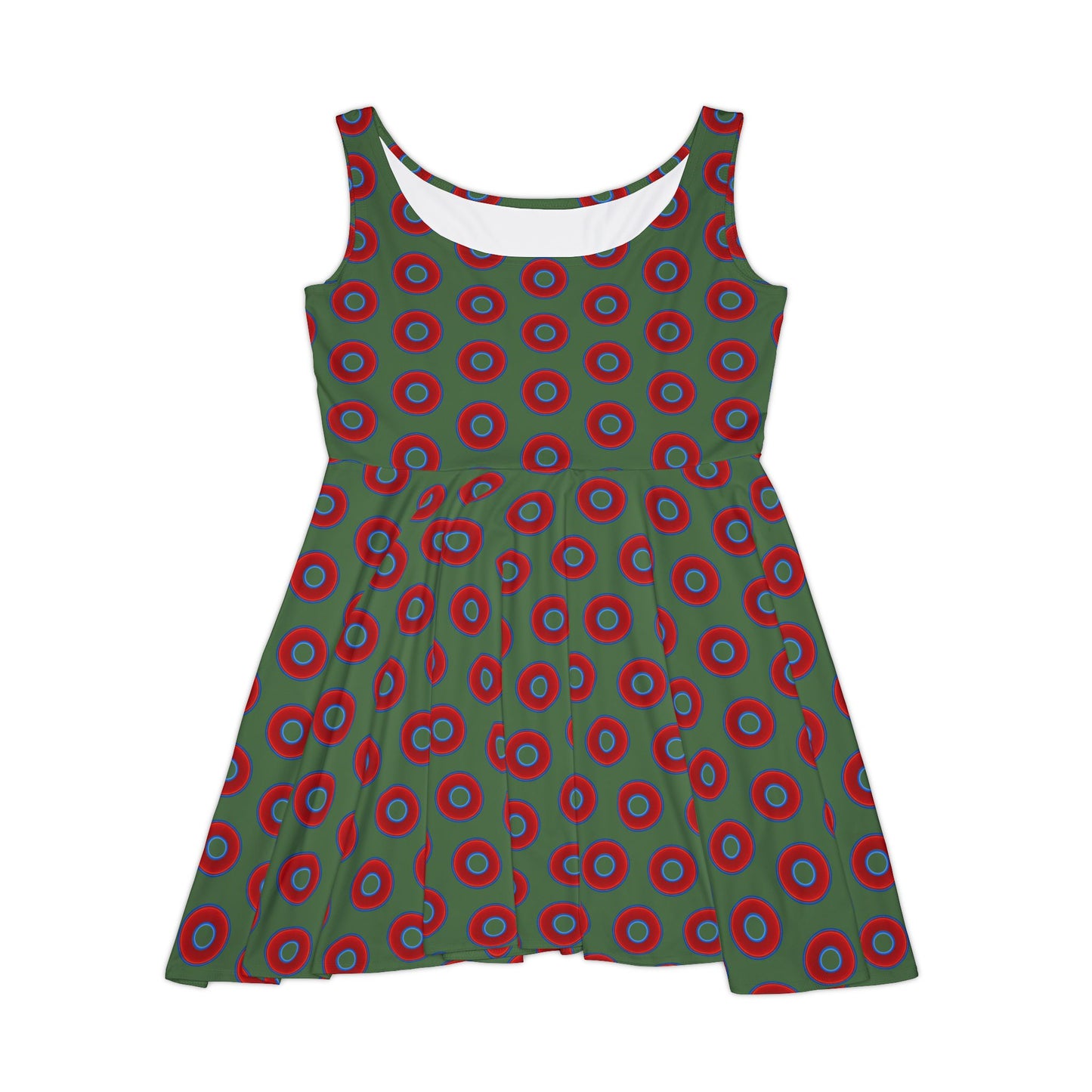 Women's Skater Donut Dress - vivid red donut print w/dark green background