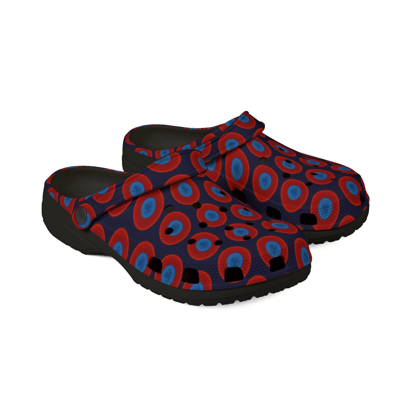 Spatchcocks - donut slip-on shoes - "Roger Moore's Octopussy Donut" - red vivid donuts w/midnight blue background [unisex]