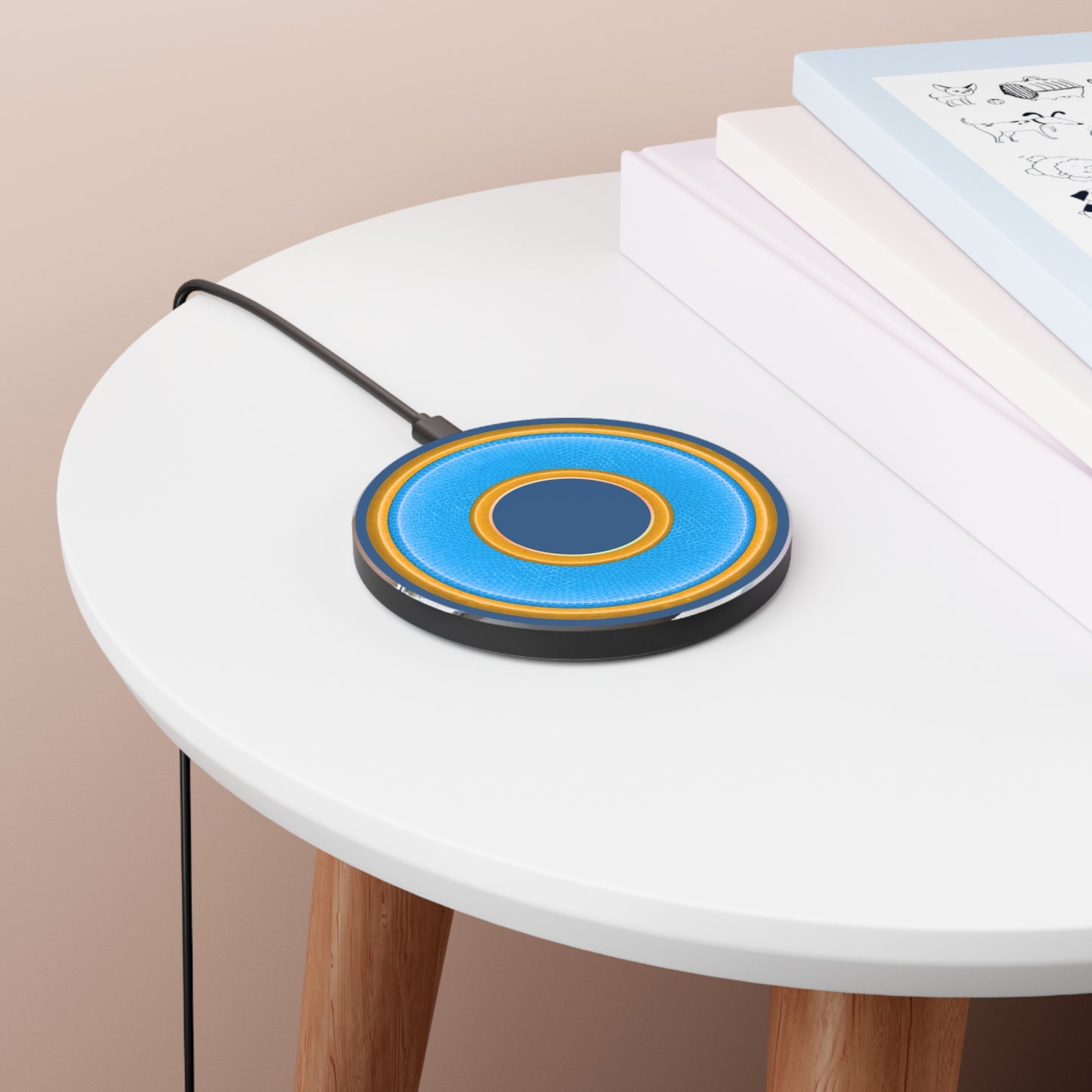The Flow - Wireless Lumpy Donut Chargers - rustic light blue/yellow donut w/light navy background