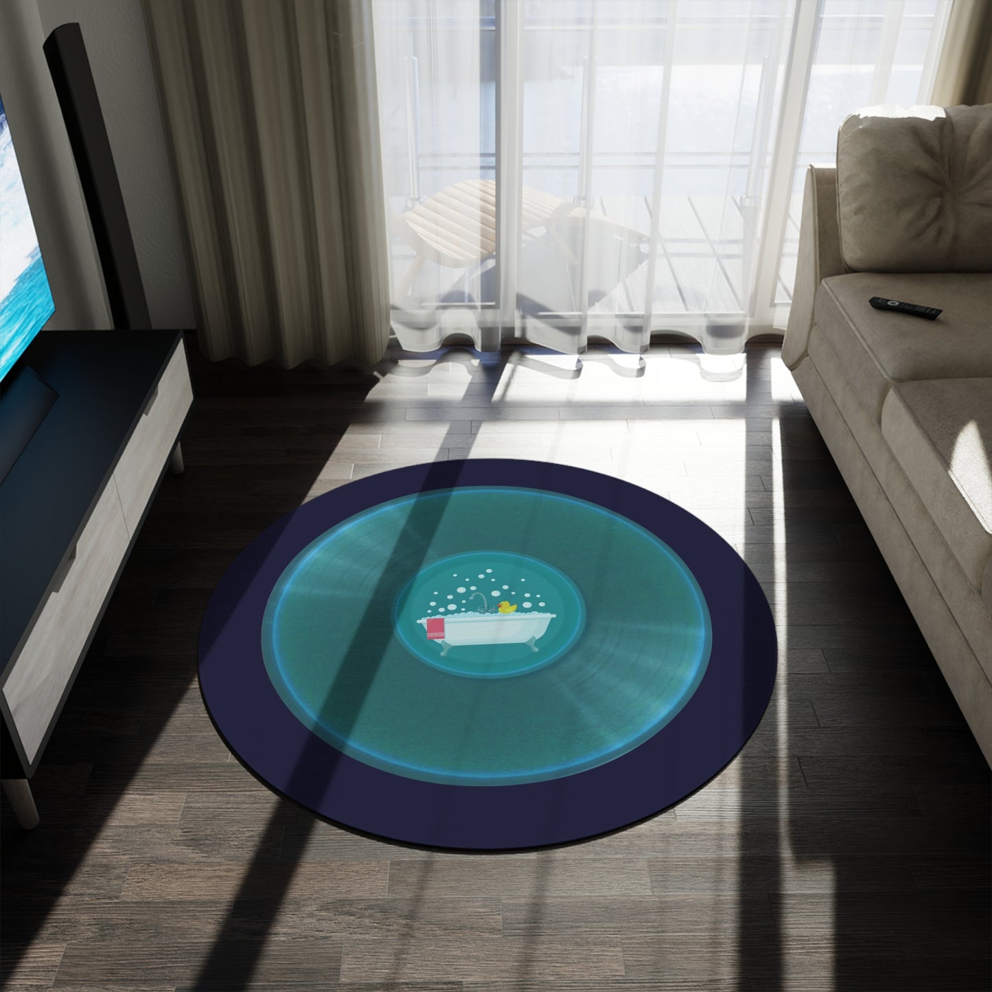 Round Room - 5 ft x 5 ft Lumpy Donut Rug - "Bath Time Fun Donut Rug" - vivid aquamarine donut w/midnight blue background