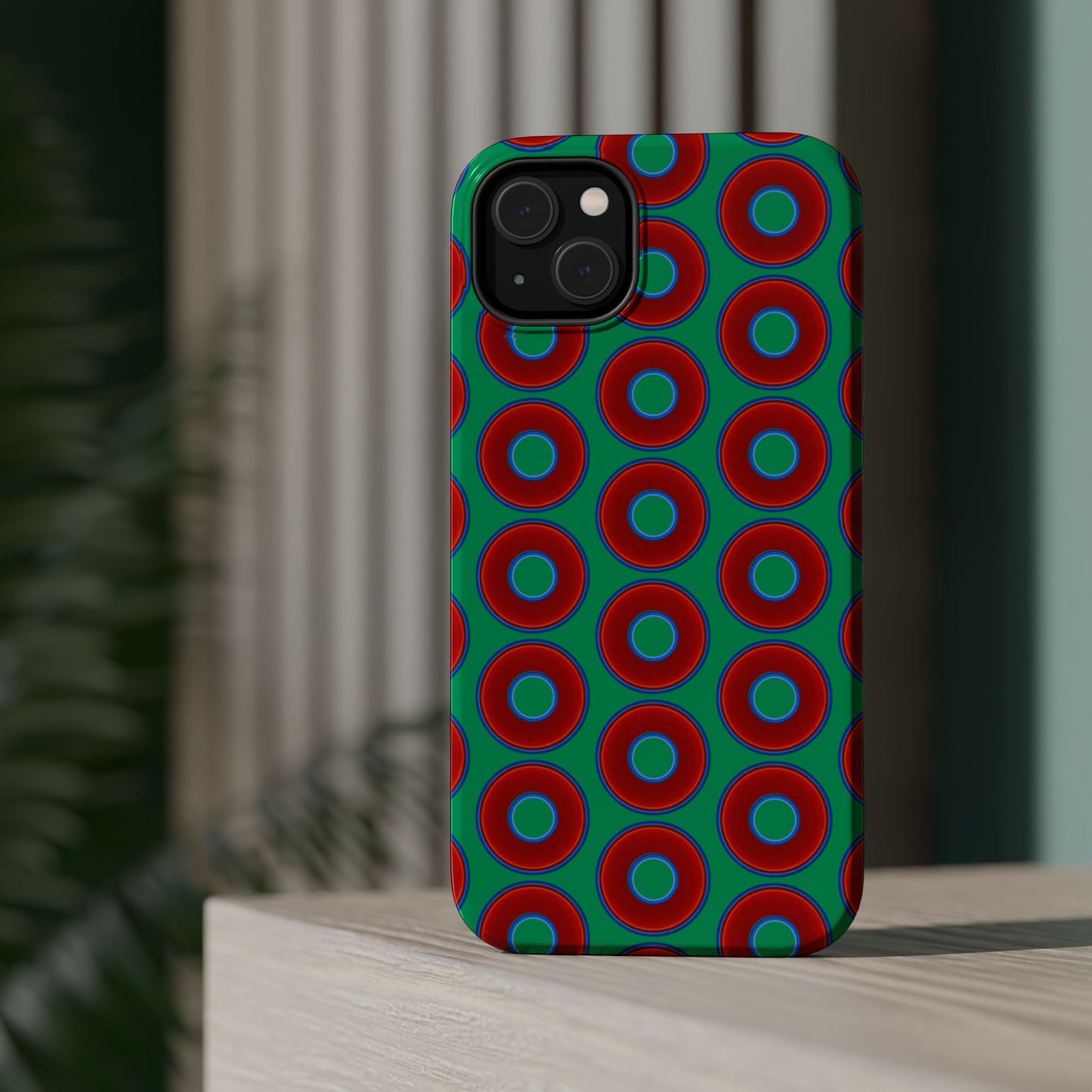 Magnetic Tough Donut Case - red vivid donut print w/jade green background
