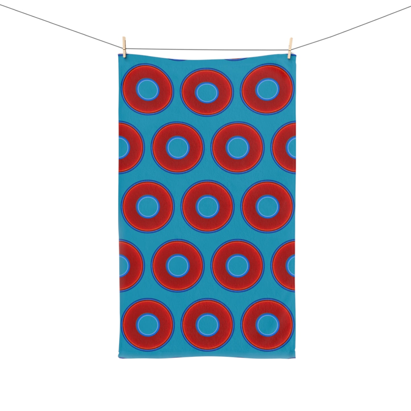 Lumpy Kitchen/Hand Towels - vivid red donuts w/aquamarine blue background
