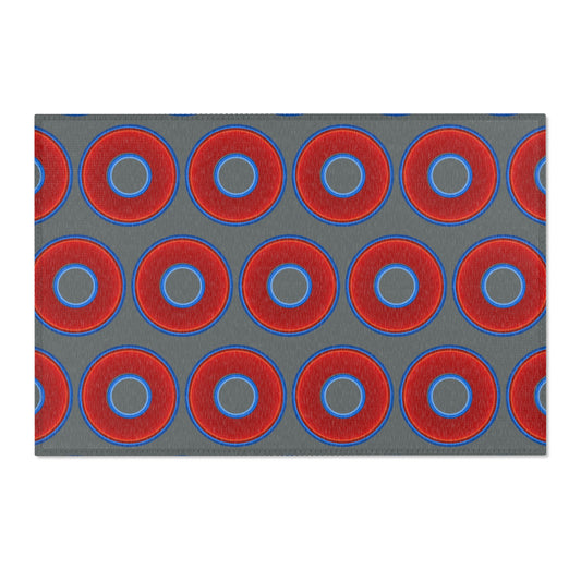 Lumpy Donut Print Rug - choice of 3 sizes - vivid red donut print w/dark gray background