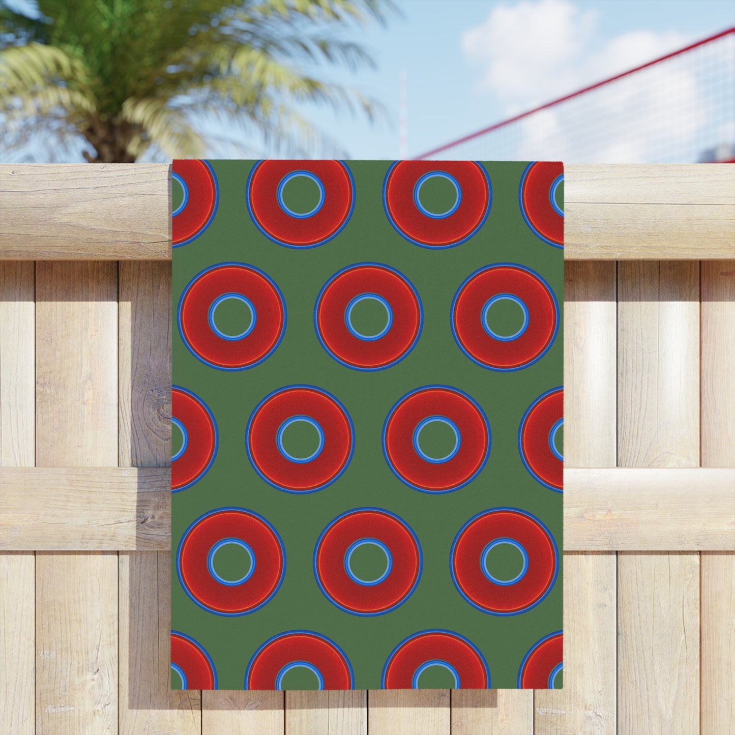 Lumpy Donut Towels - vivid red donuts w/dark green background