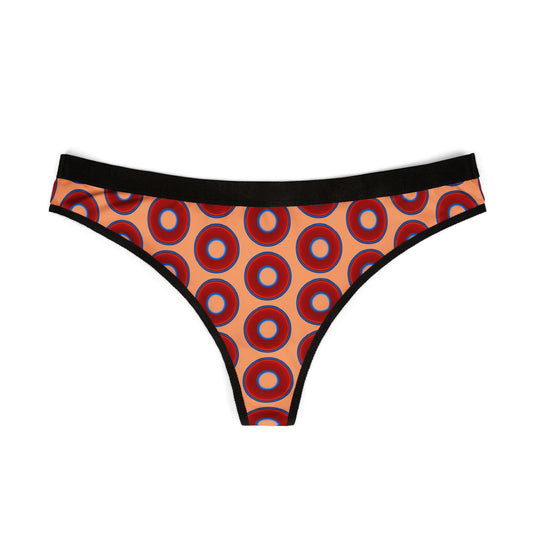 Lumpy Donut Thongs - red vivid donut print w/peach background