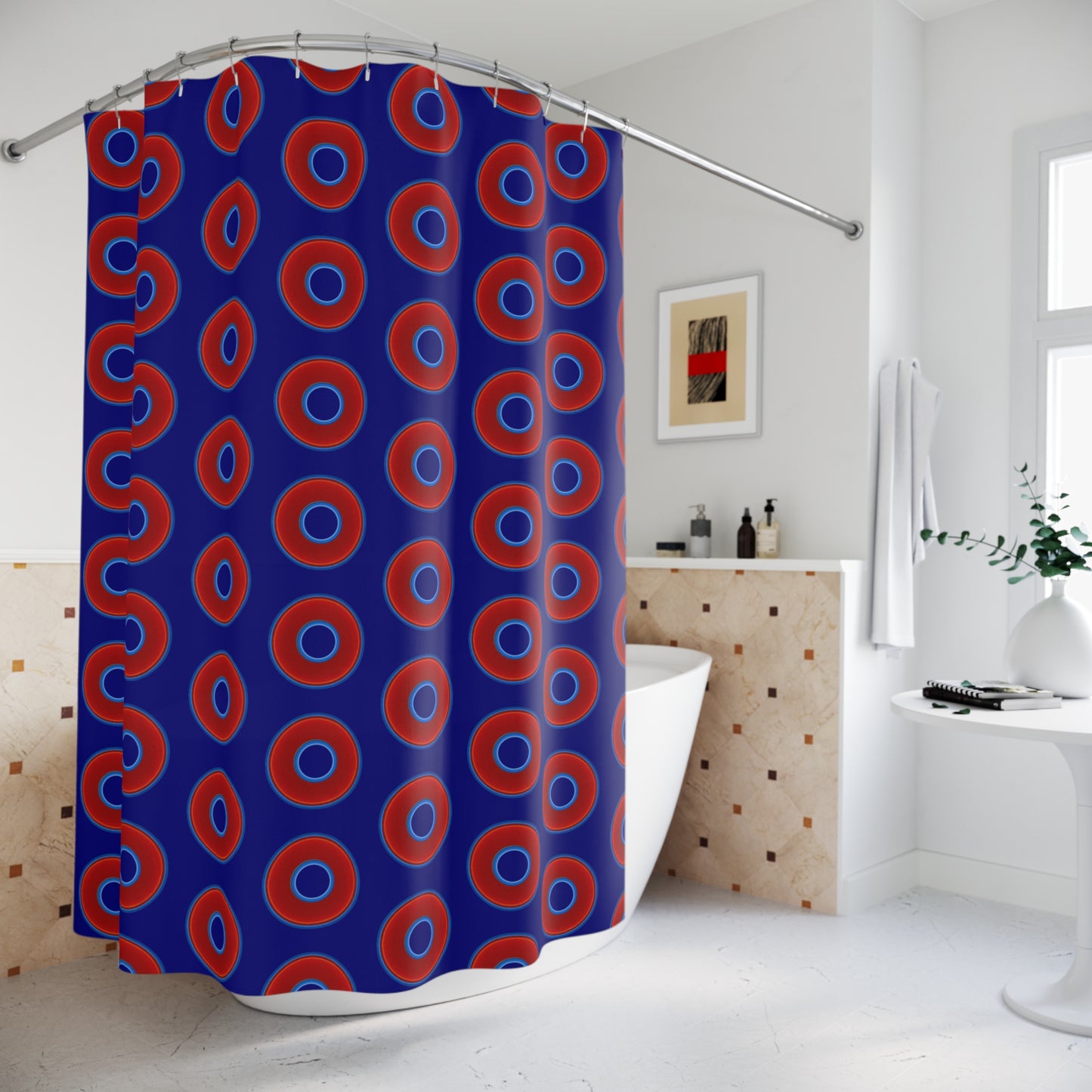 The Curtain With "Donuts" - Lumpy Bath Time Fun - vivid red donuts w/navy background
