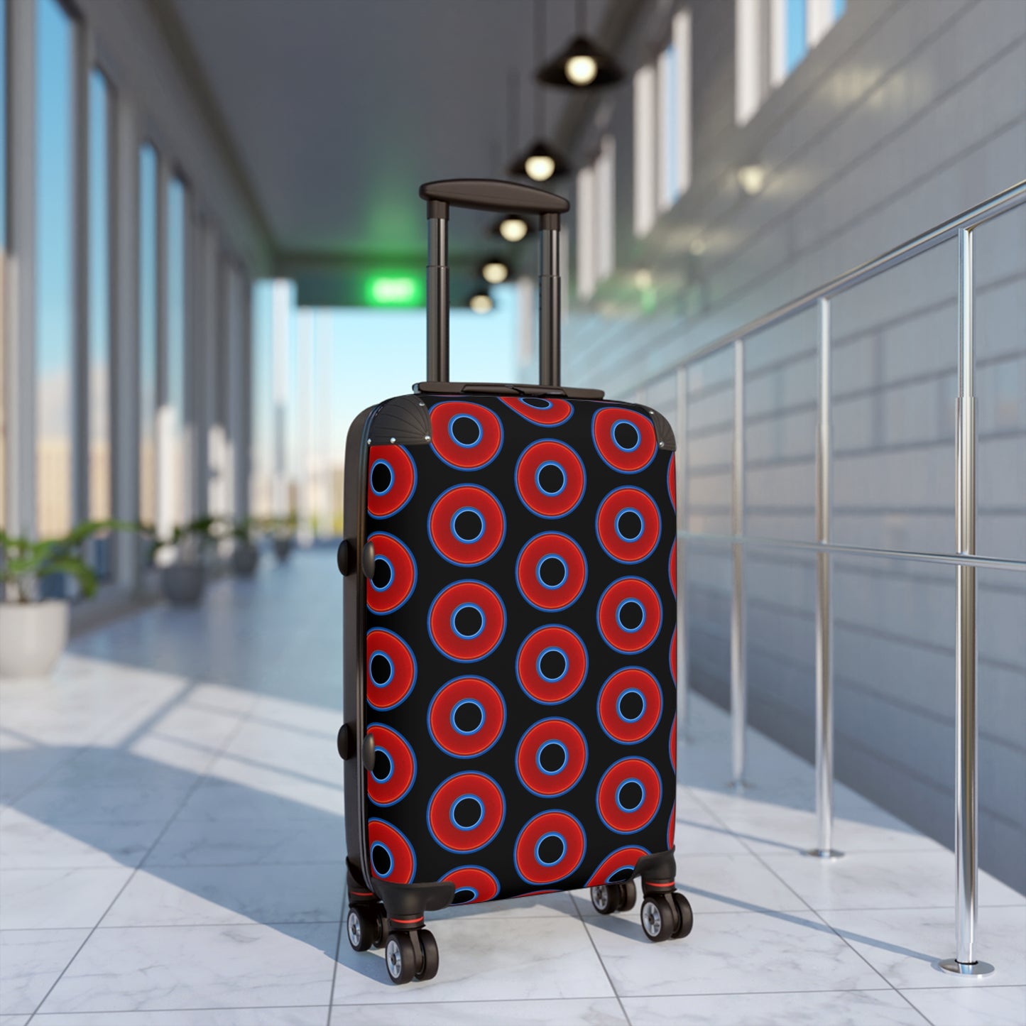 The Very Lumpy Donut Suitcase series - your choice of S, M or L - vivid red donut print w/black background