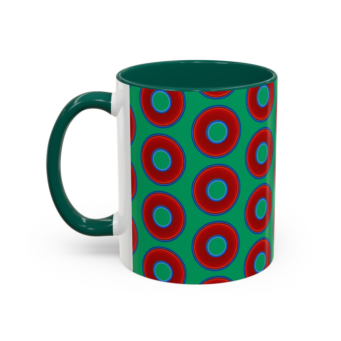 Lump's Grumpy Coffee Mug - vivid red donuts w/jade green background